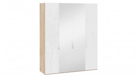 Шкаф комбинированный с 2 глухими и 2 зеркальными дверями «Эмбер» Яблоня Беллуно/Белый глянец в Крутинке - krutinka.katalogmebeli.com | фото